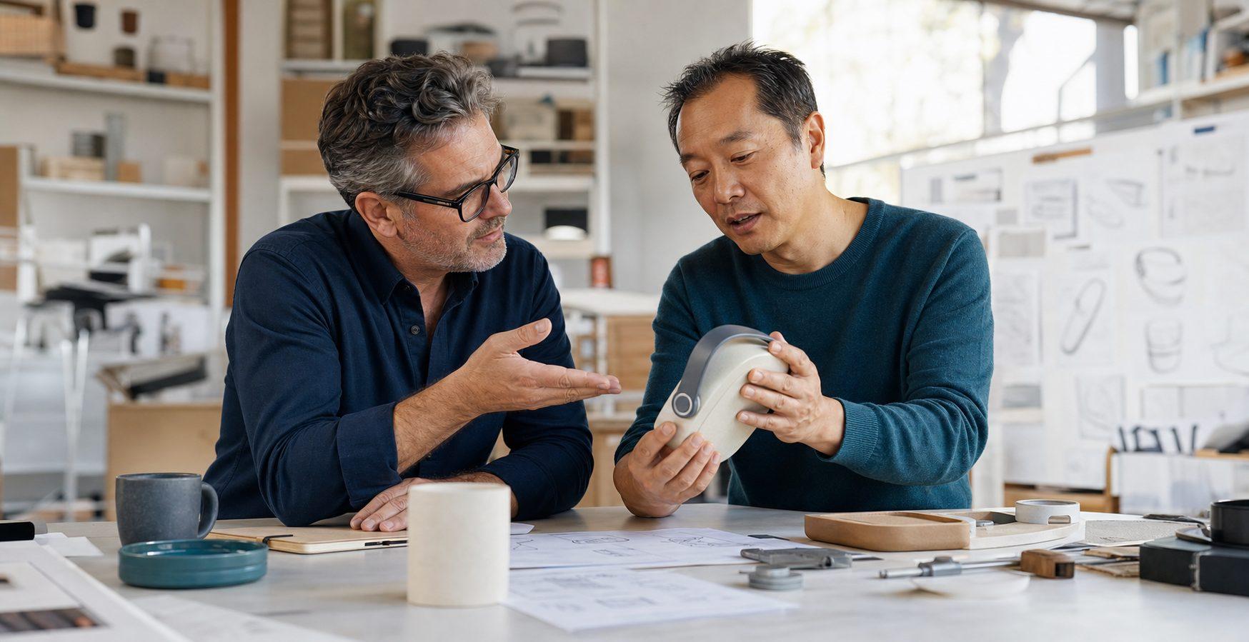 An investor and inventor discussing an early product prototype in a design studio