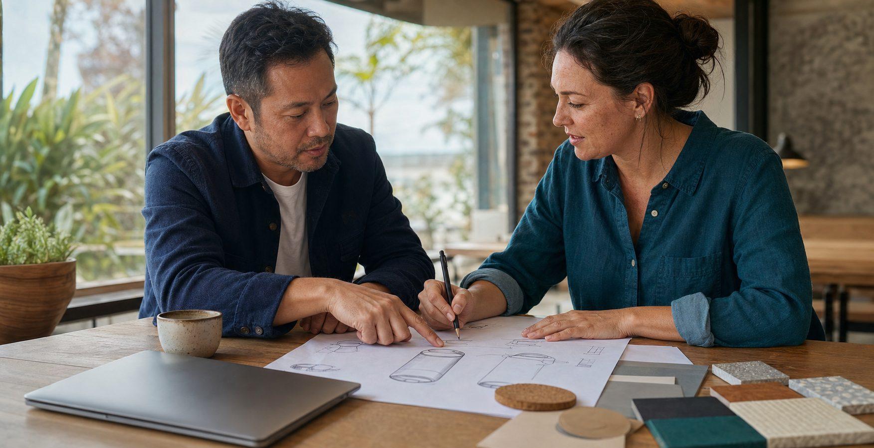 An inventor and product professional working together over an early product sketch