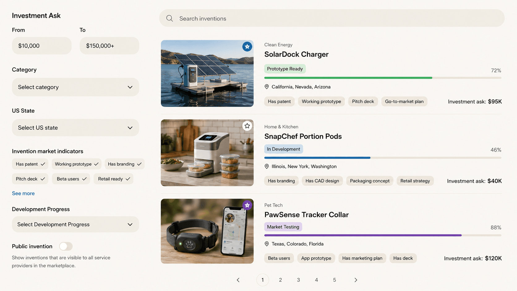 Gather the Spark investor marketplace with filters and emerging invention listings