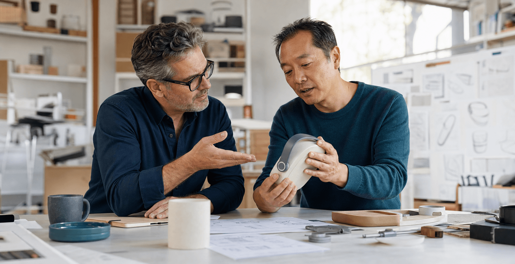 An investor and inventor discussing an early product prototype in a design studio