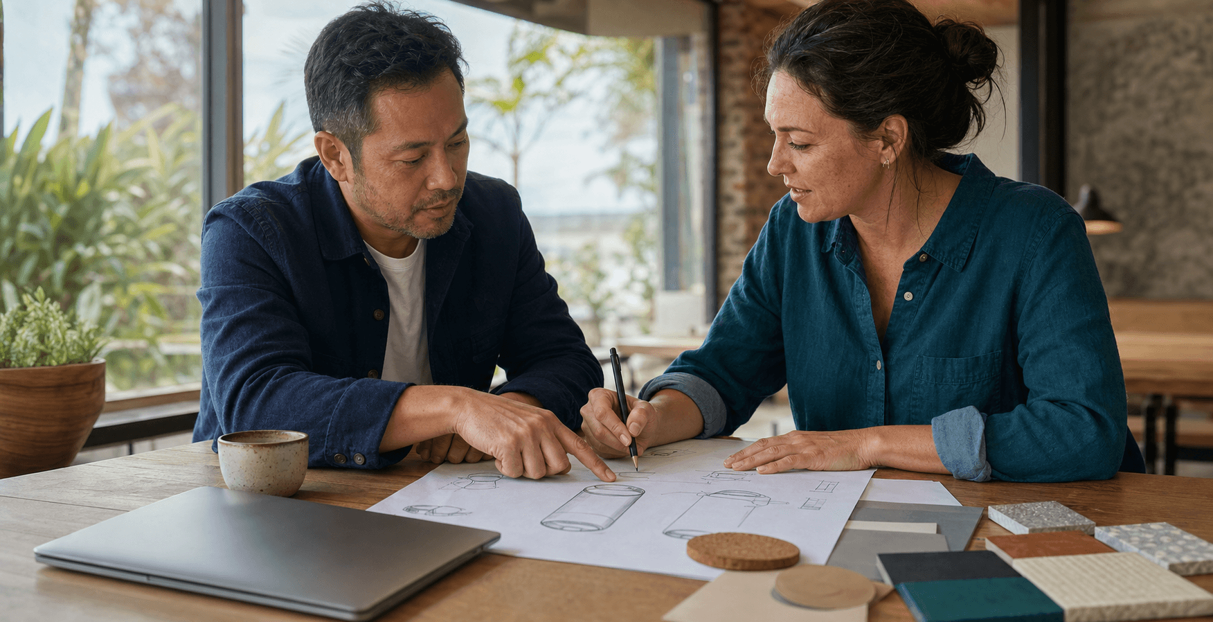An inventor and product professional working together over an early product sketch