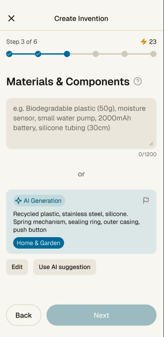 GTS mobile screen: Materials & Components step