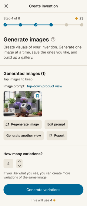 GTS mobile screen: Generate images step