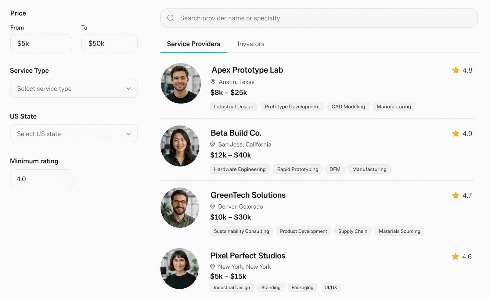 The Gather the Spark marketplace, where inventors browse vetted service providers by specialty, location and rating.