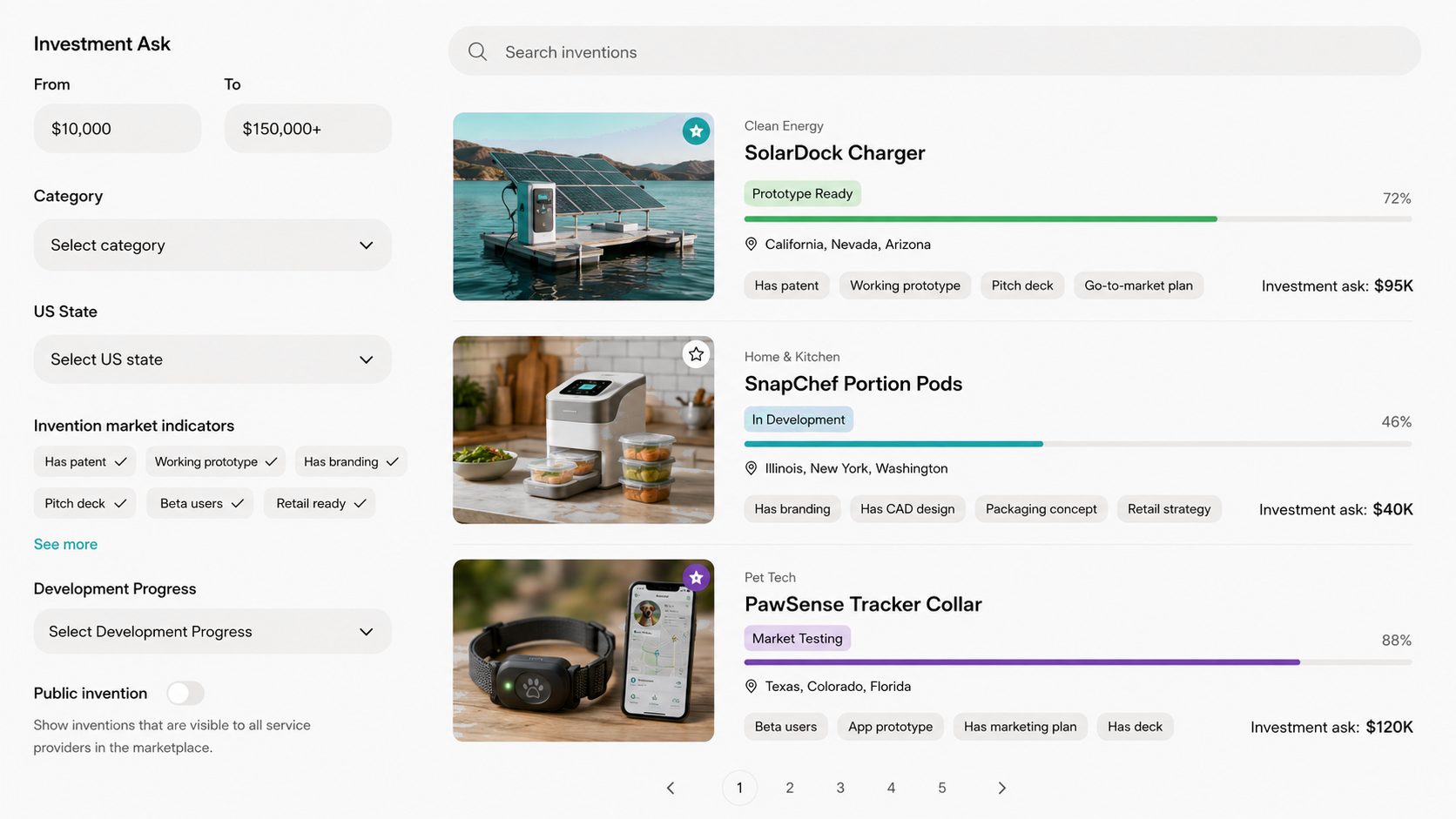 Browsing inventions and filtering by service type inside Gather the Spark